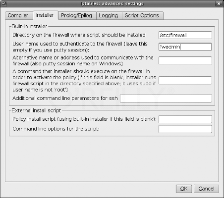 Firewall Builder. Настроечные параметры установки политики