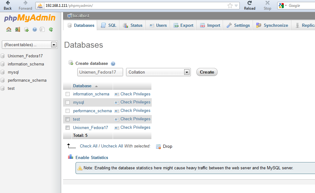 Страница PhpMyAdmin