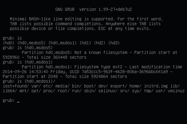 Системный загрузчик GRUB 2 позволяет использовать режим командной строки, который может быть активирован путем нажатия клавиши C в меню загрузки