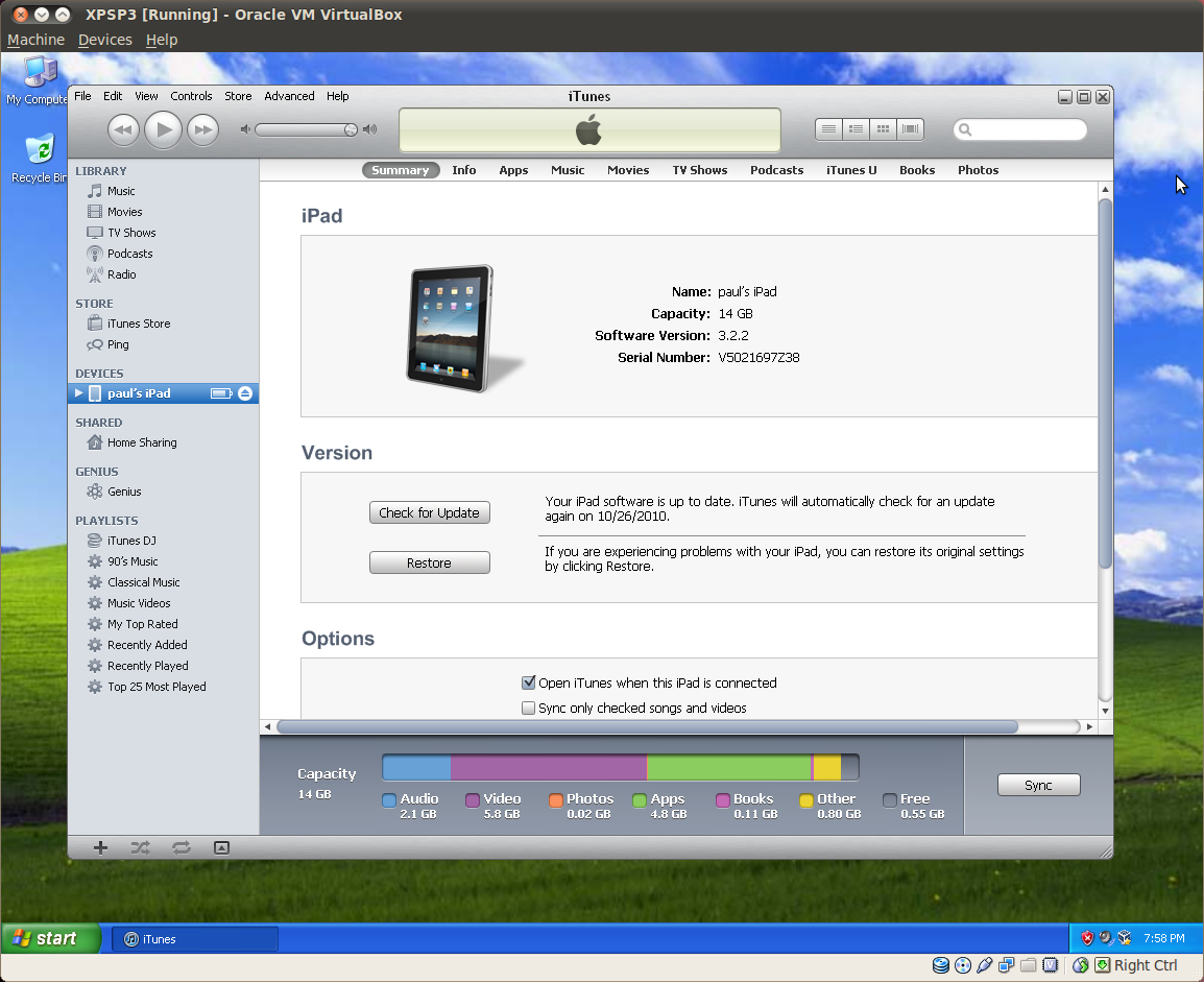 Oracle VM Virtualbox с работающим iTunes