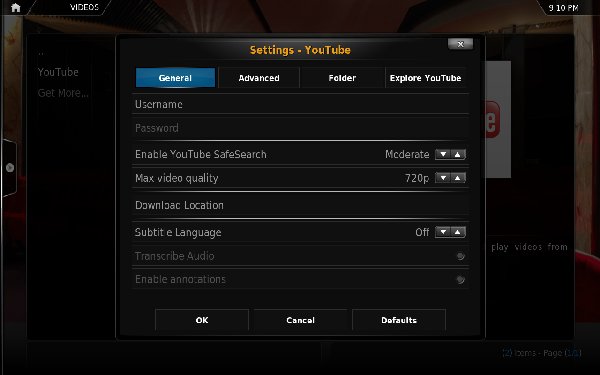 Настройки дополнения Youtube