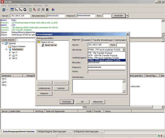 FileZilla: Тип сервера
