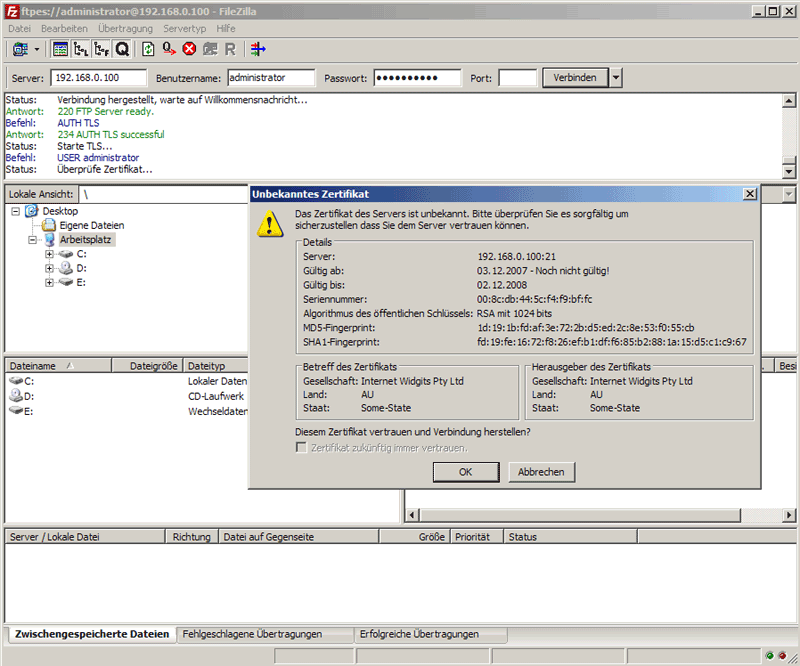 FileZilla: Сертификат SSL