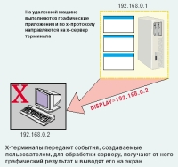 X-терминалы передают события, создаваемые пользователем, для обработки серверу, получают от него графический результат и выводят его на экран