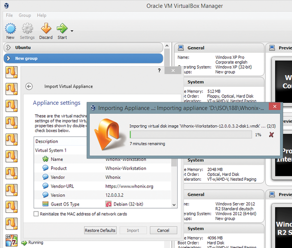 Импорт образов дисков виртуальных машин Whonix в VirtualBox