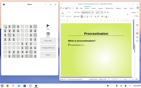 LibreOffice и GNOME Mines. Необычный подход к игре Mines состоит в том, что щелчки правой кнопкой часто регистрируются как щелчки левой кнопкой мыши.