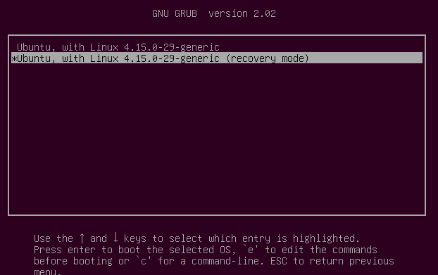 Выберите Linux Recovery Mode