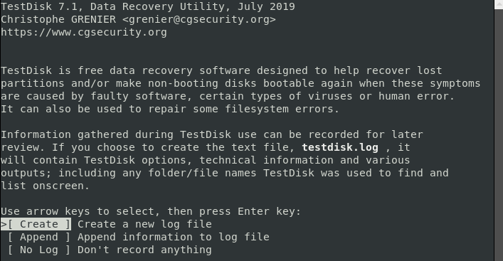 Создание лог-файла TestDisk